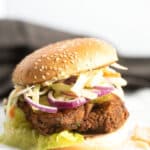 crispy chicken burger made with schnitzel and coleslaw.