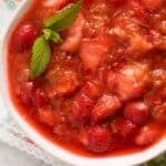 pinterest image with title for rhubarb strawberry compote.
