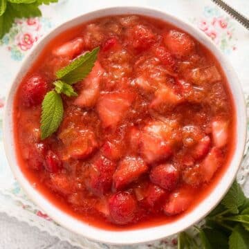 overhead view of a bowl with strawberry rhubarb compote.