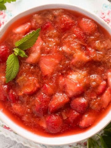 overhead view of a bowl with strawberry rhubarb compote.