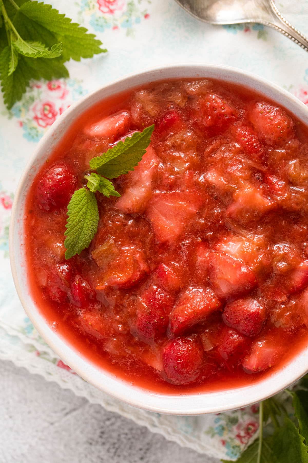 vibrant red stewed rhubarb and strawberries.