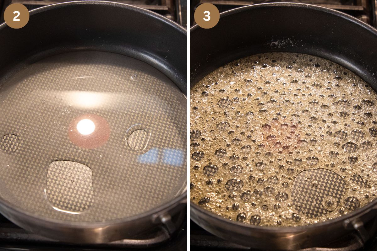 collage of two pictures of caramelizing sugar in a saucepan.