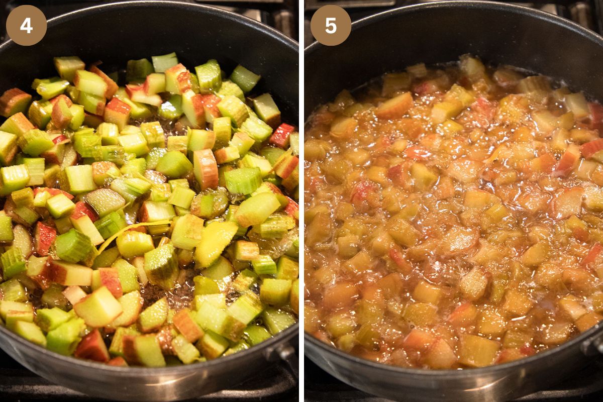 collage of two pictures of cooking rhubarb in a pan.