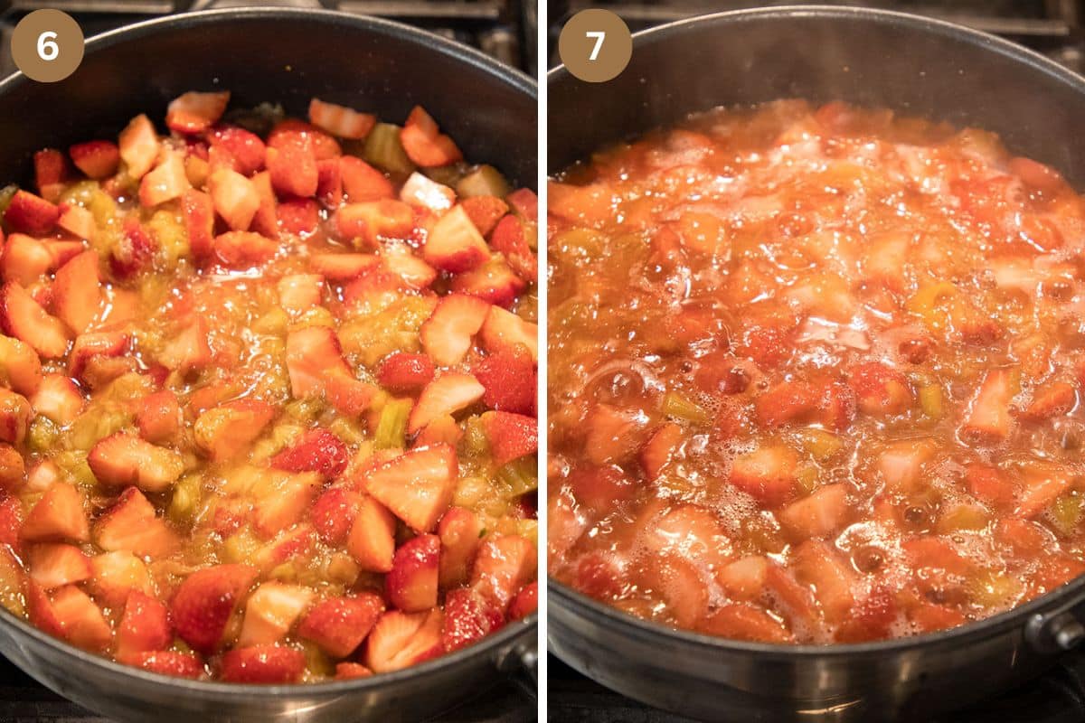 collage of two pictures of cooking sauce with strawerries and rhubarb.