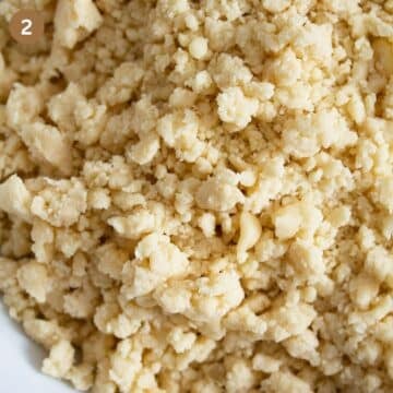 close up of crumbles for making crumble tart.