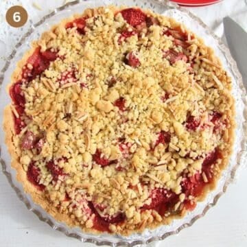 one bake tart with rhubarb, strawberries and crumble almond topping.