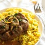 pinterest image of veal shanks with rice.