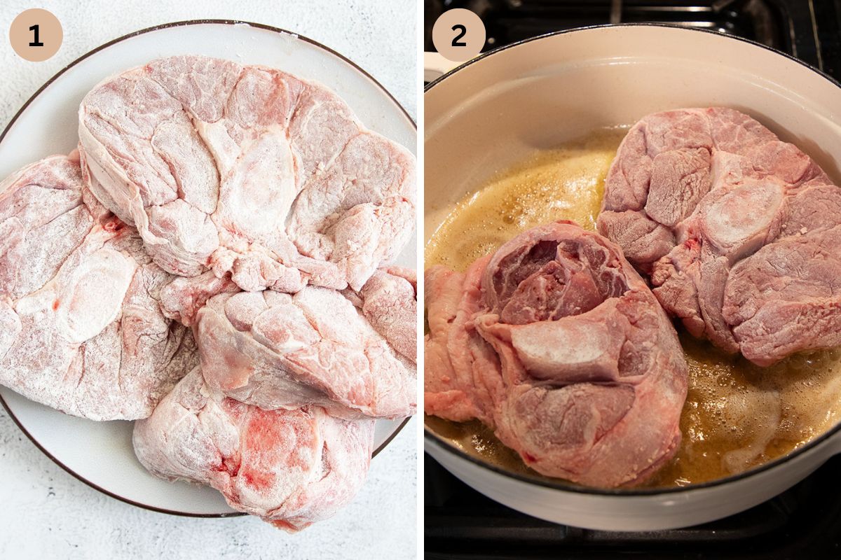 collage of two pictures of floured shanks on a plate and then cooking in a pot.