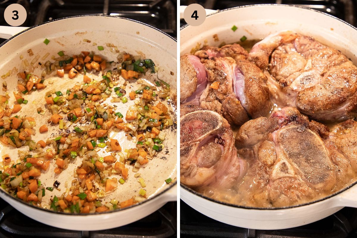 collage of two pictures of browning veggies and then adding the meat.
