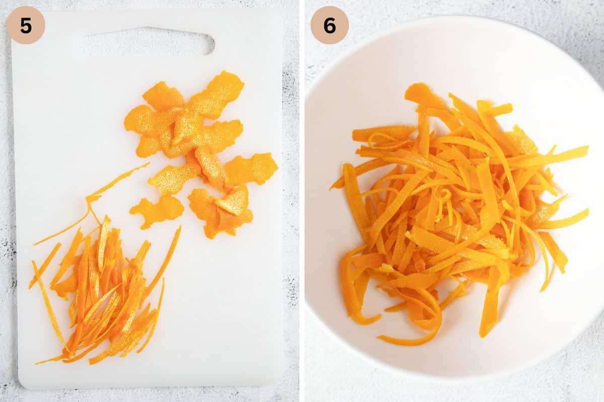 collage of two pictures of orange peel before and after blanching.