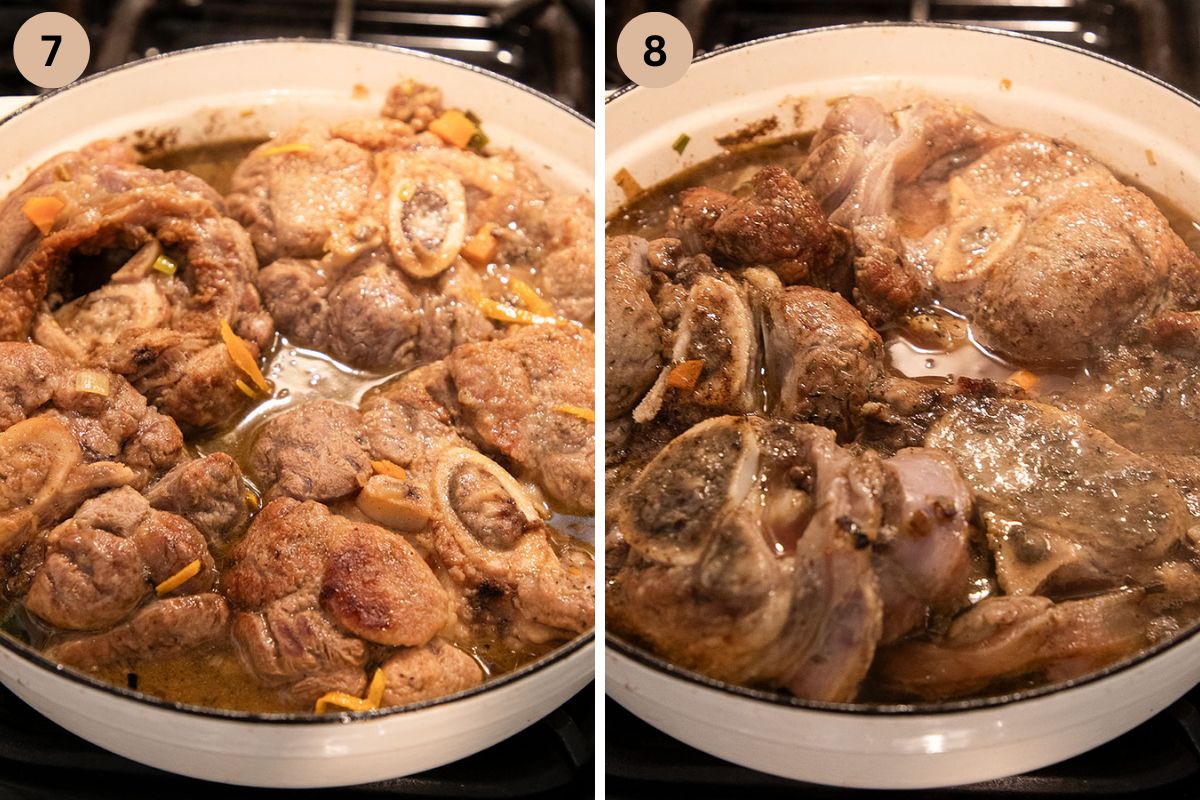 collage of two pictures of braising veal shanks in a pot.