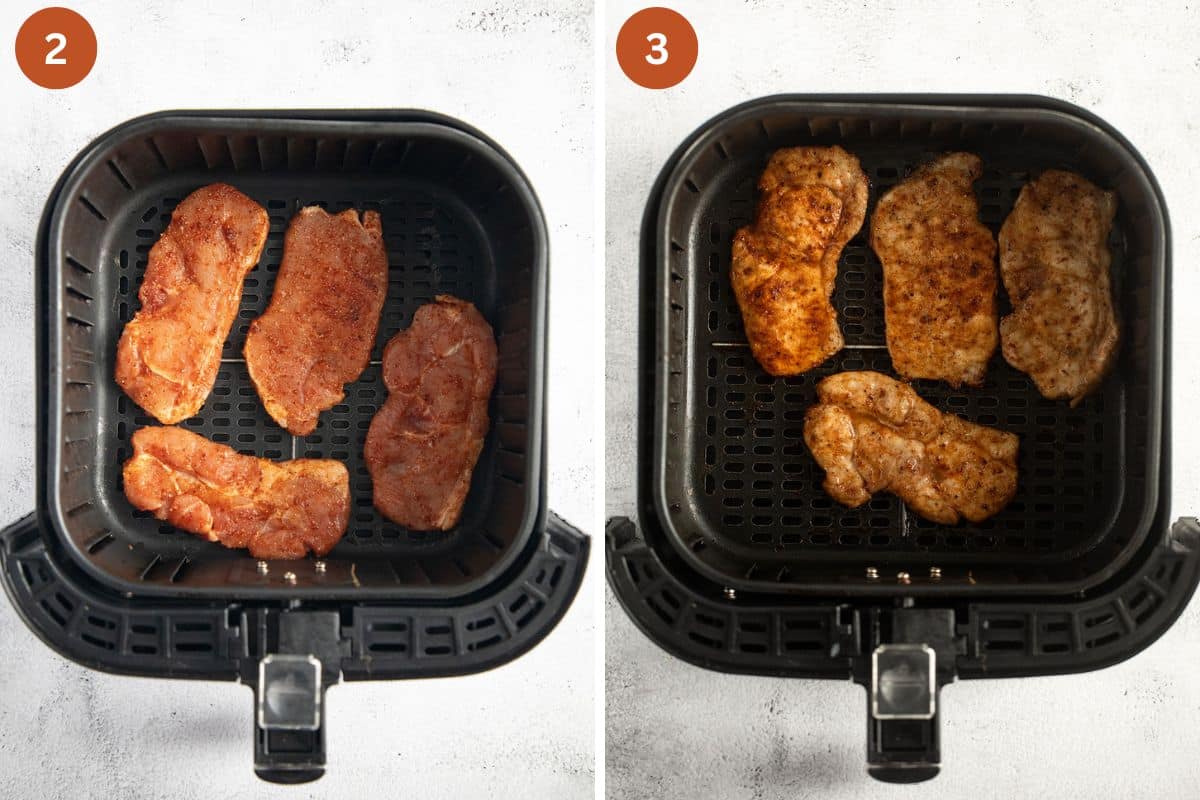 collage of two pictures of pork chops before and after cooking in the air fryer basket.