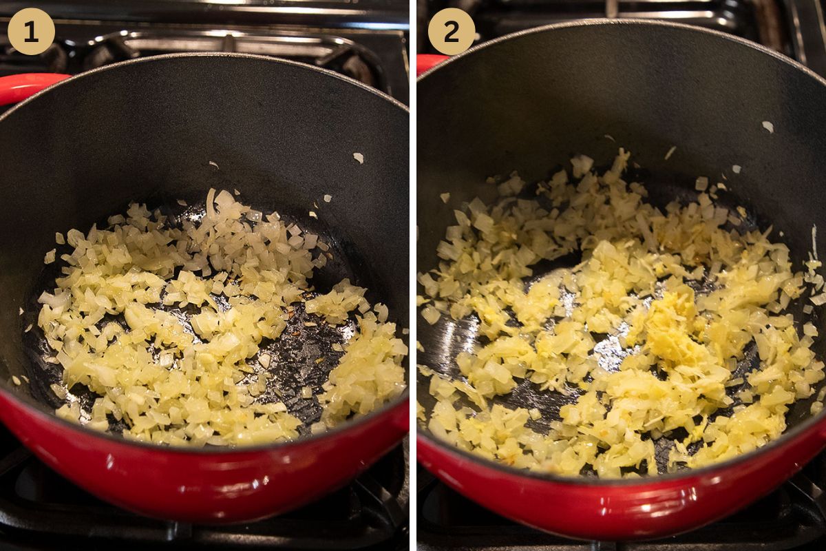 collage of two pictures of cooking onions and then adding ginger in a dutch oven.