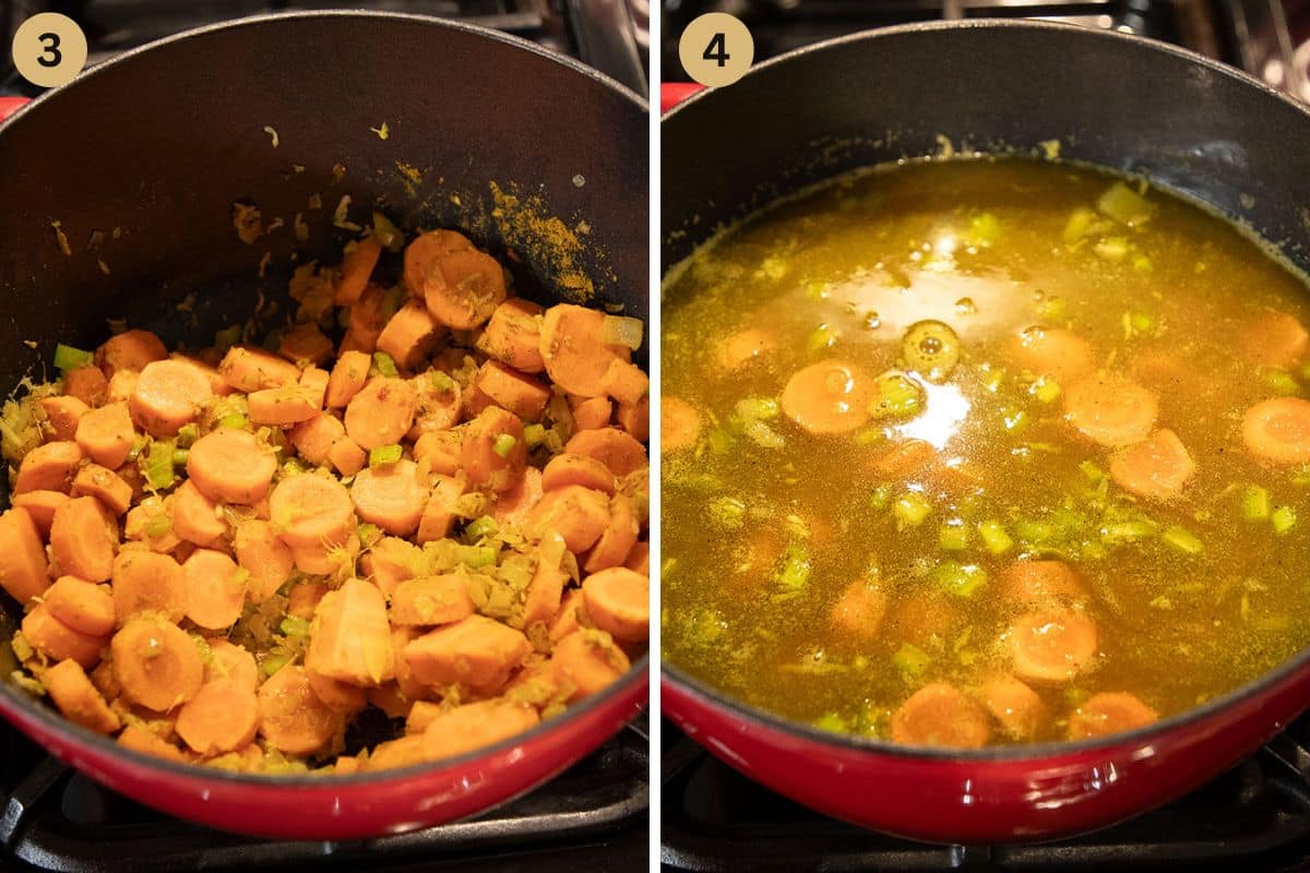collage of two pictures of sauteing carrots and adding broth to a soup pot.