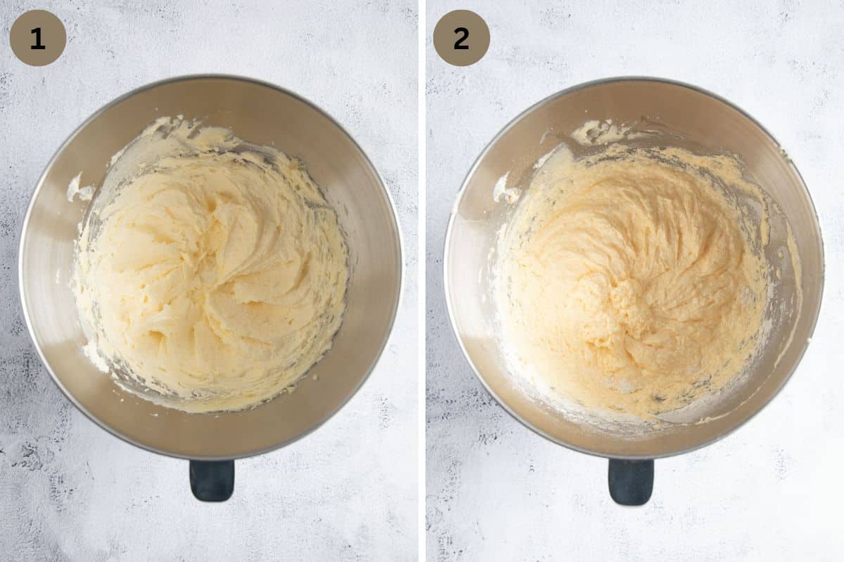 collage of two pictures of making batter for bundt cake in a bowl.