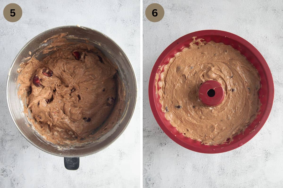 collage of two pictures of chocolate cake batter in a bowl and then in a bundt form.