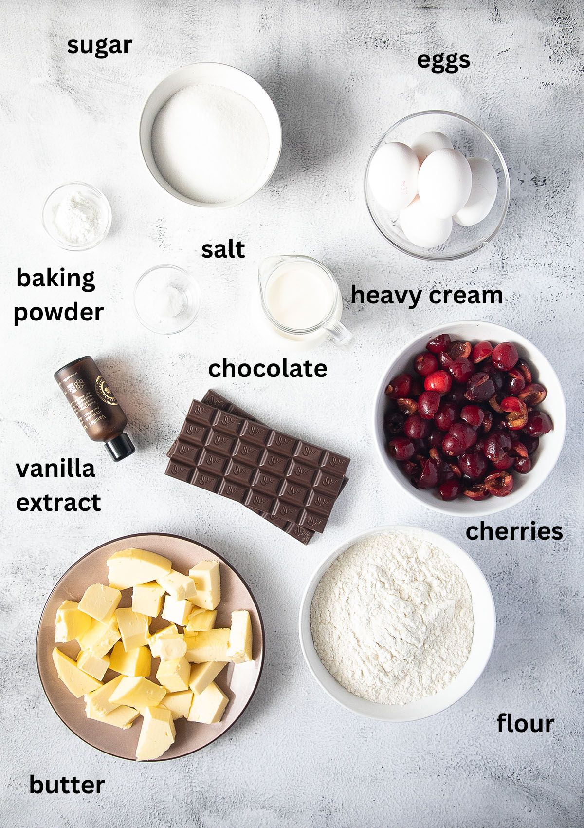 listed ingredients for making bundt cake with cherries and chocolate.