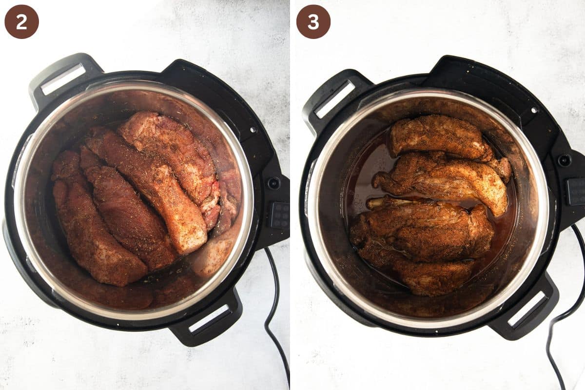collage of two pictures of country style ribs in an instant pot before and after pressure cooking.