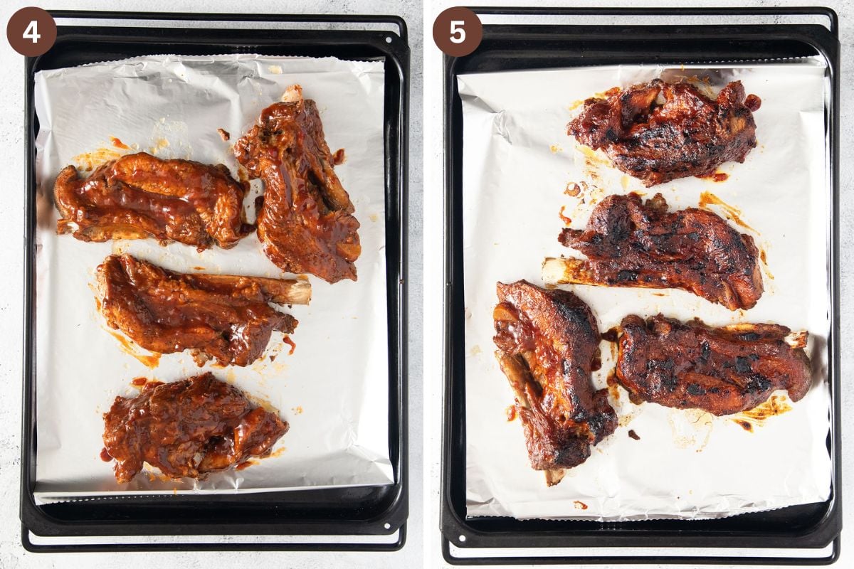 collage of two pictures of country ribs on a baking sheet before and after broiling.