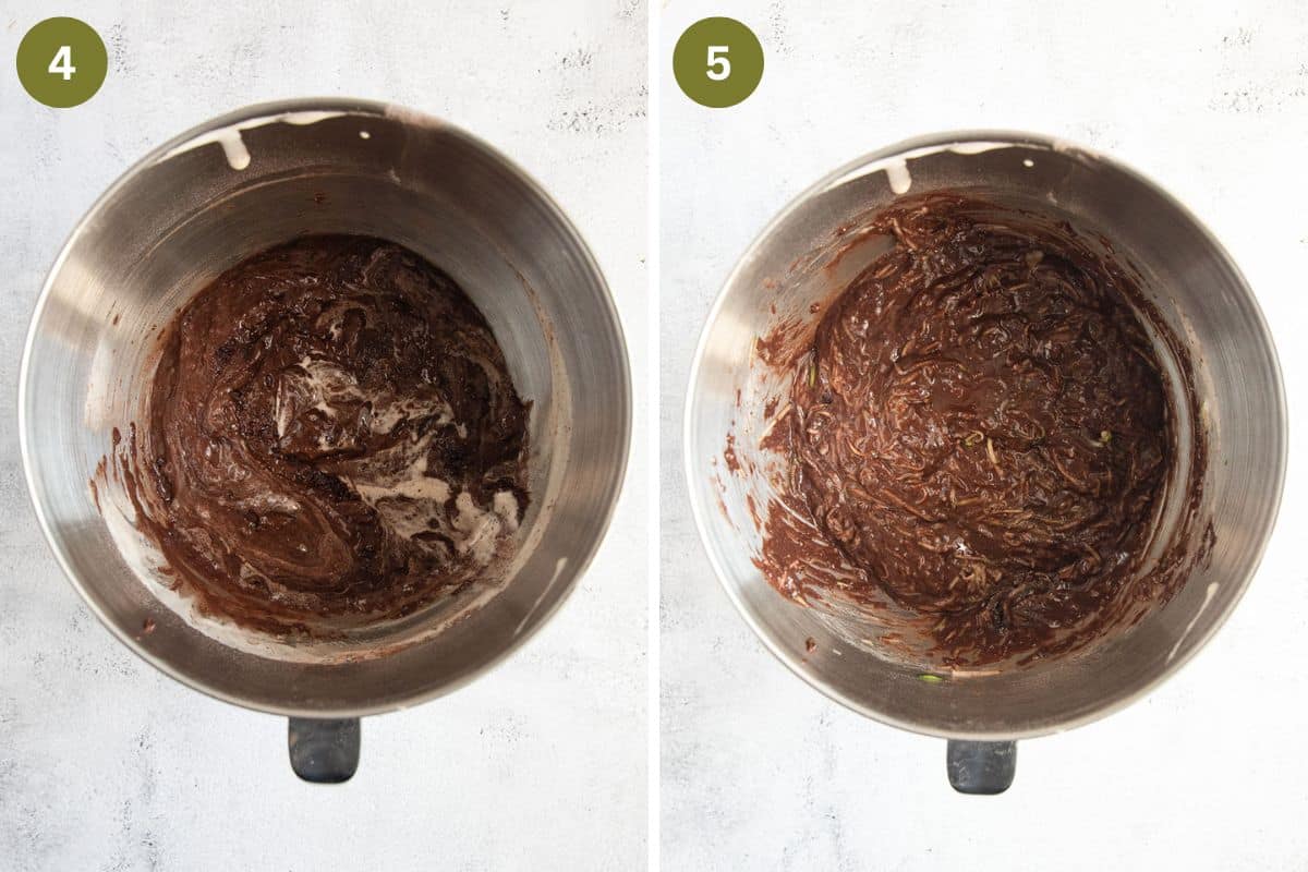 collage of two pictures of batter for zucchini chocolate cake in a bowl.