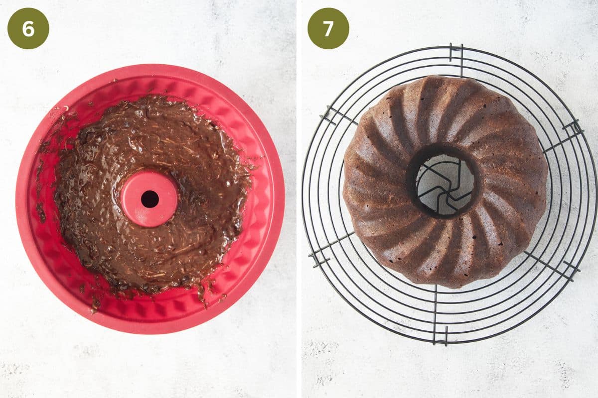 collage of two pictures of unbaked and then baked bundt cake with zucchini.