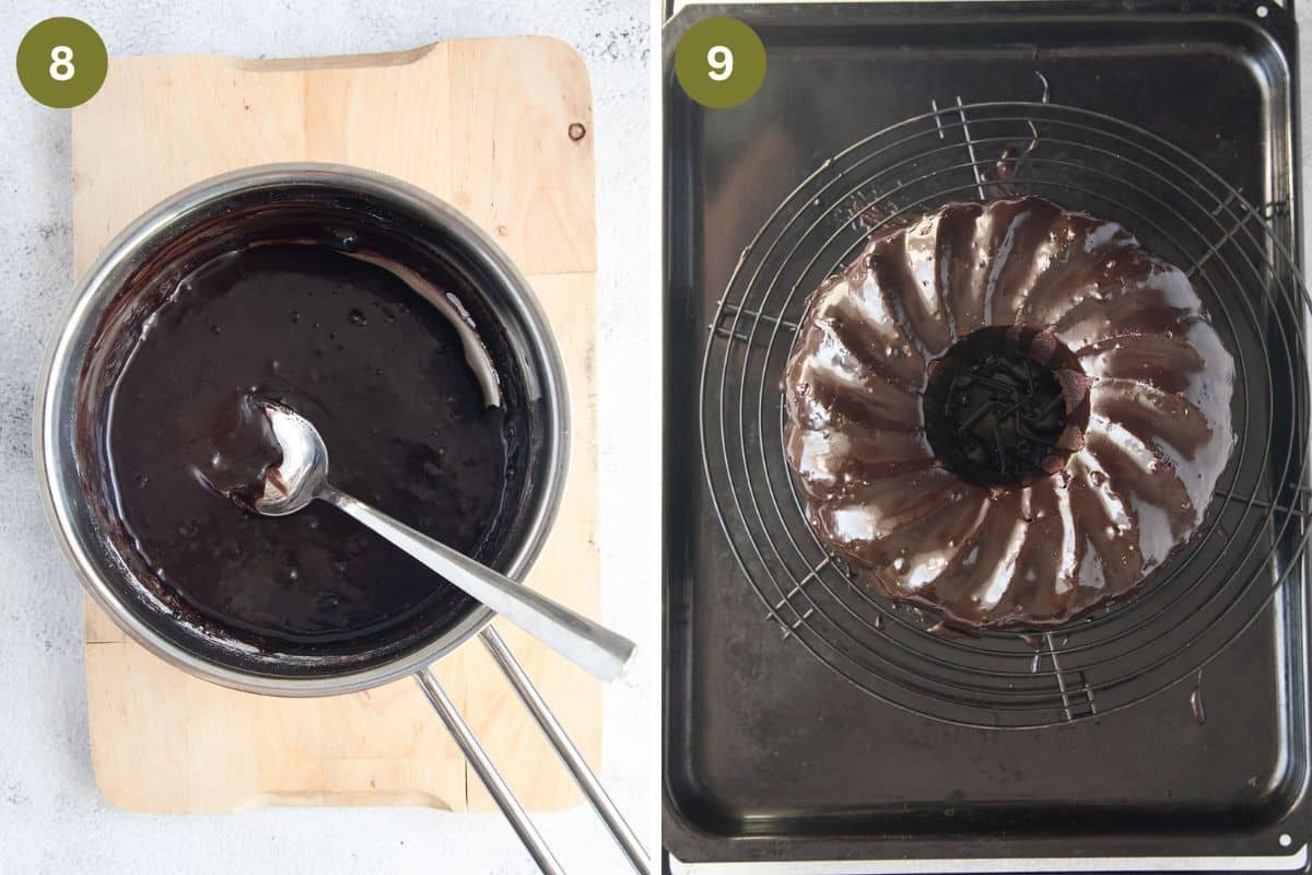 collage of two pictures of cocoa glaze in a saucepand and glazed bundt cake.