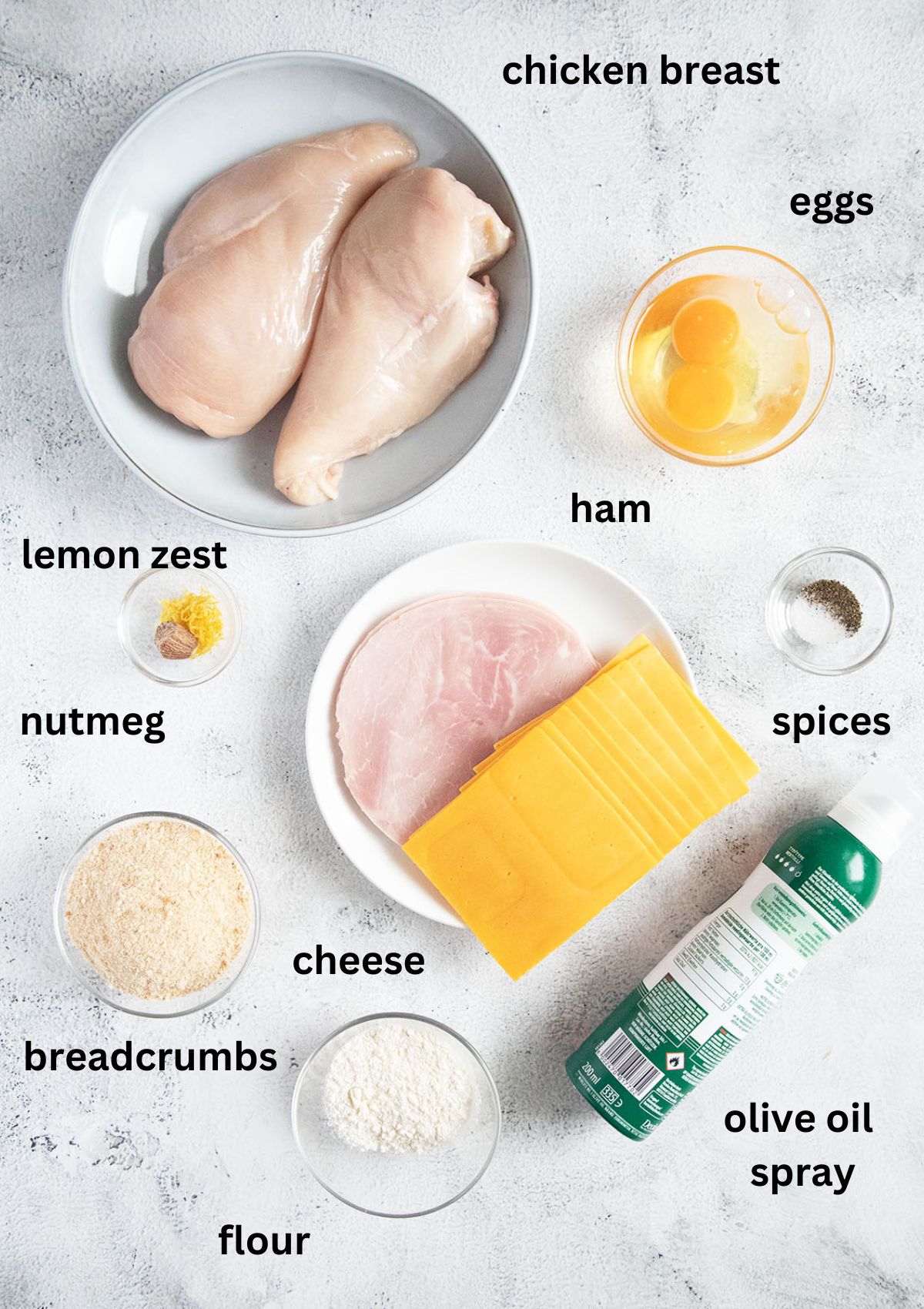 listed ingredients for making cordon bleu with chicken, ham and cheese.