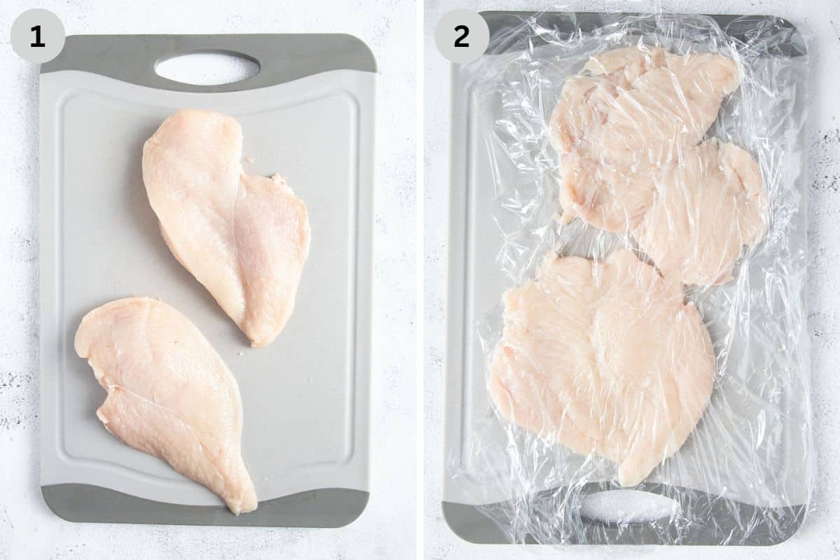collage of two pictures of sliced chicken breast and then pounded on a cutting board.