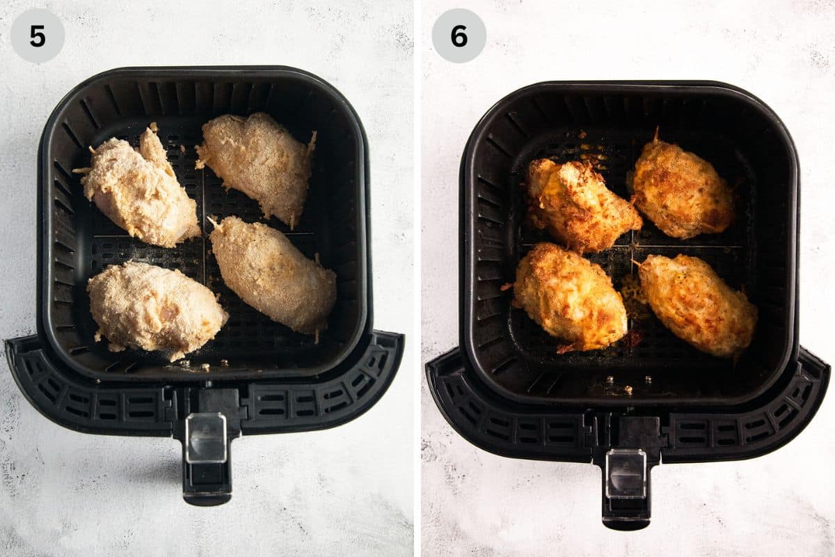 collage of two pictures of cordon bleu in the air fryer basket before and after cooking.