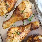 two chicken legs cooked from frozen in the air fryer.