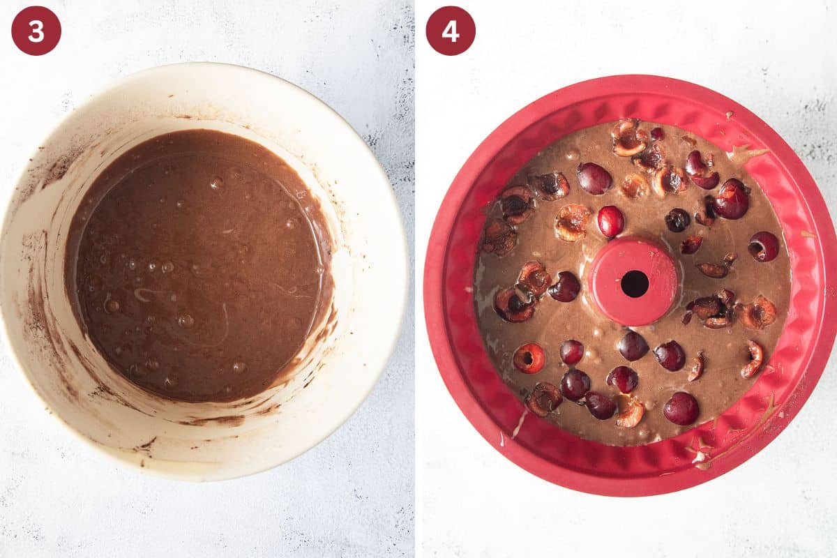 collage of two pictures of cake batter in a bowl and then in a bundt pan sprinkled with cherries.