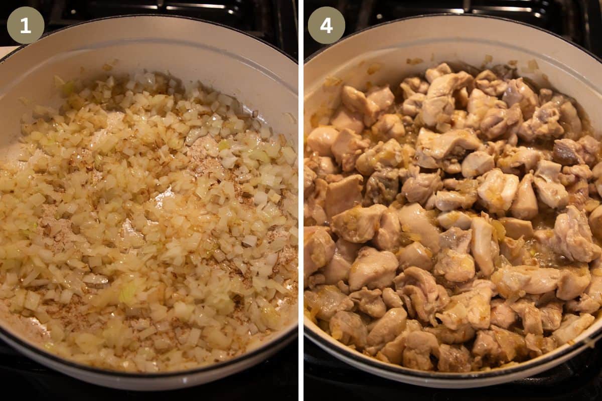 collage of two pictures of cooking onions and adding chicken in a dutch oven.