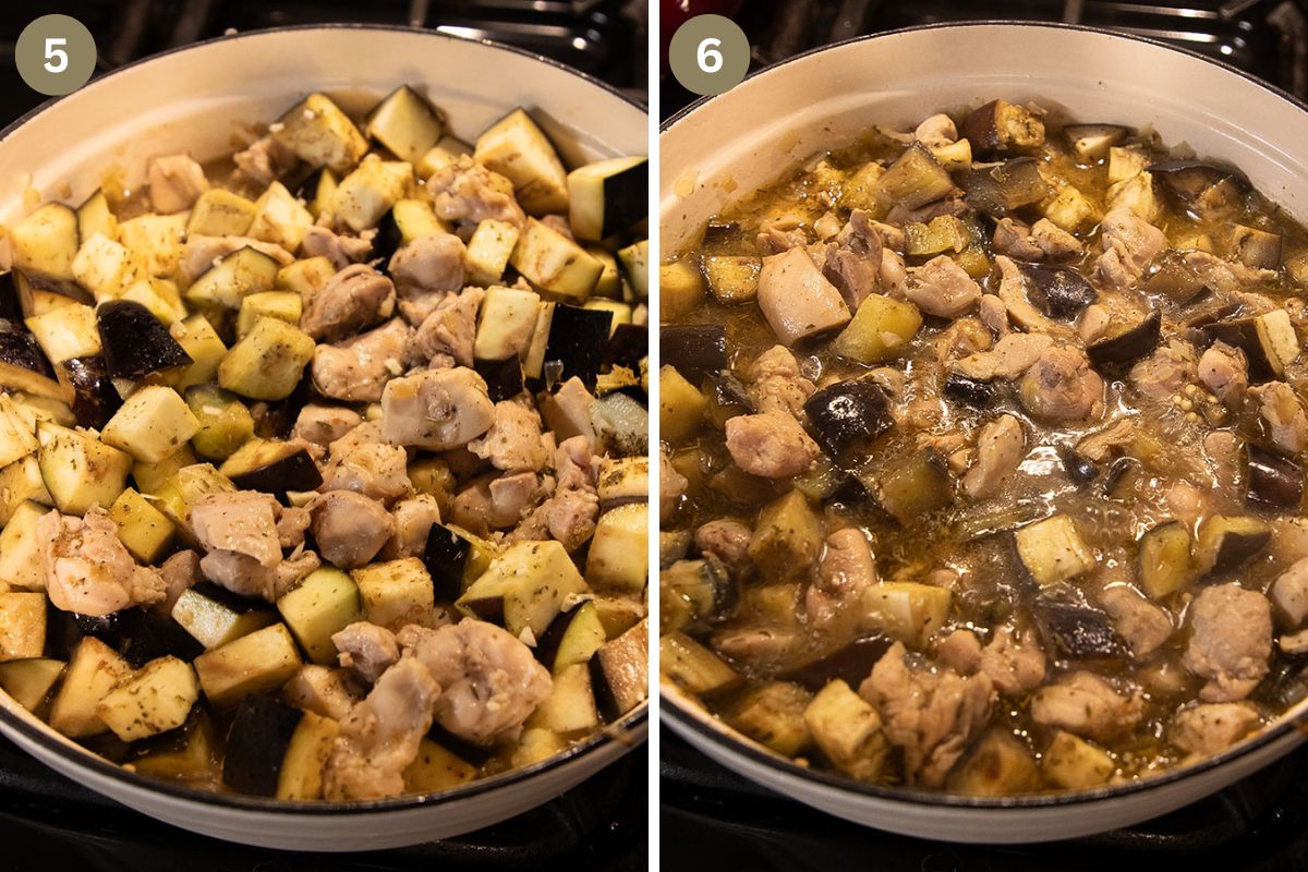 collage of two pictures of cooking eggplants and chicken in a pot.