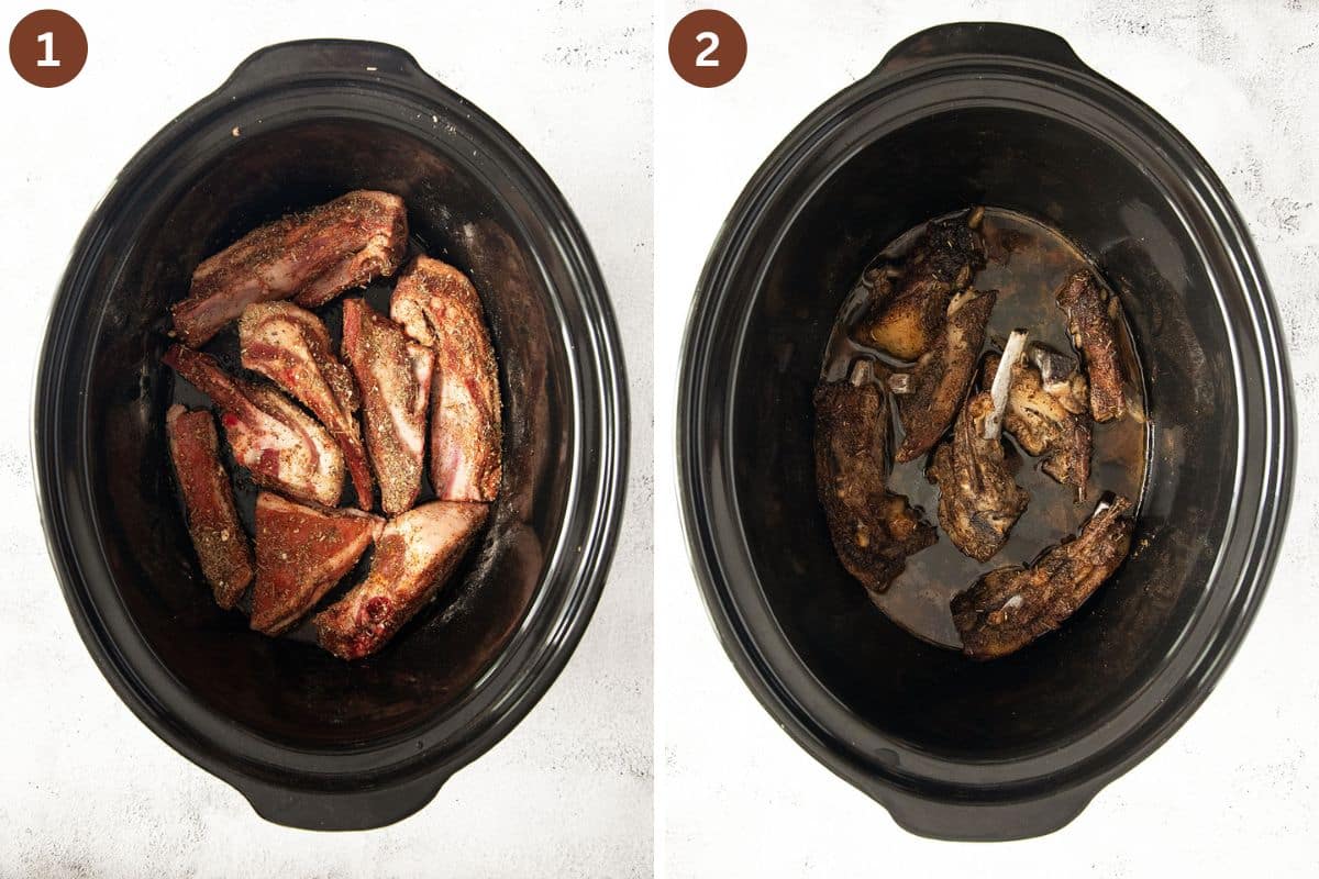 collage of two pictures of lamb ribs cooking in the slow cooker.