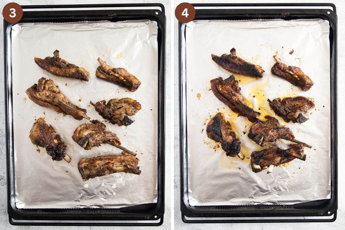 collage of two pictures of lamb cutlets on a baking sheet before and after broiling.