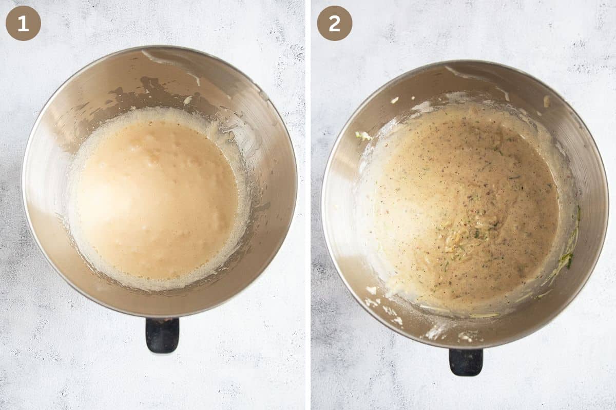 collage of two pictures of making cake batter in a mixing bowl.