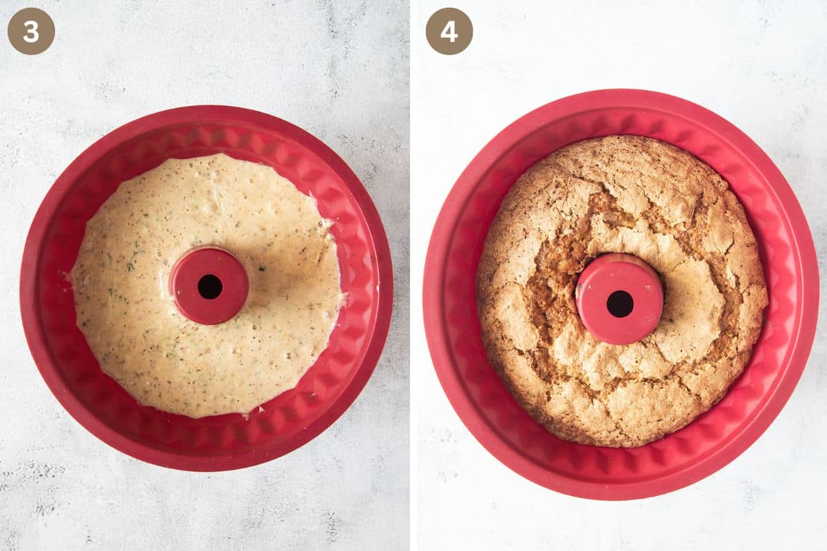 collage of two pictures of cake batter in a red silicon bundt form before and after baking.