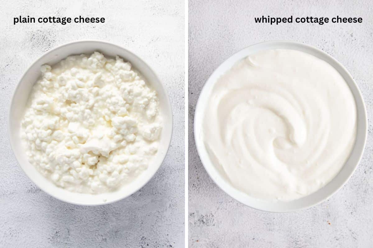 collage of two pictures of plain and then whipped cottage cheese in bowls.