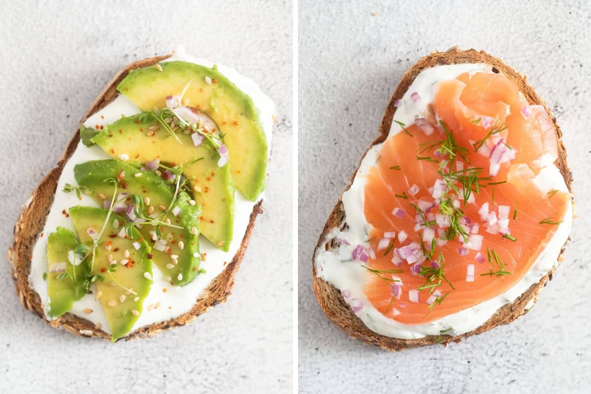 collage of two pictures of cottage cheese toast with avocado and salmon.