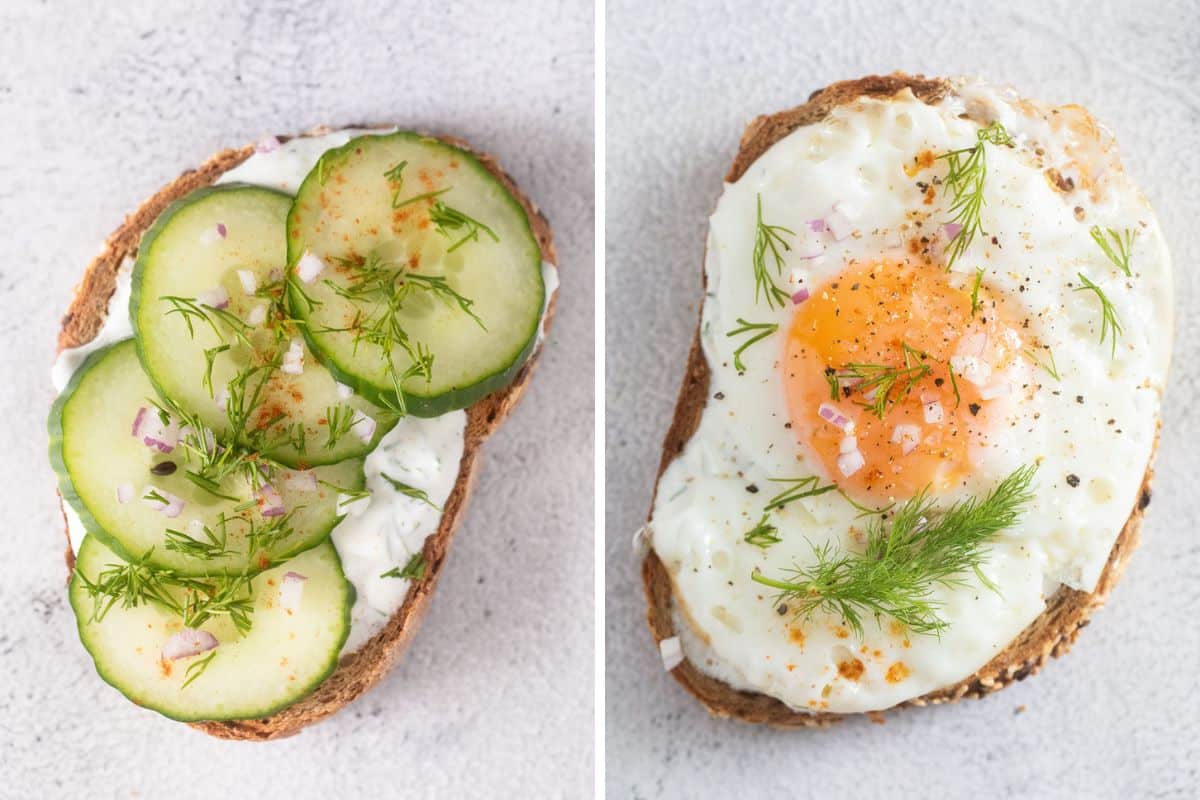 collage of two pictures of cottage cheese toast with cucumber and egg.