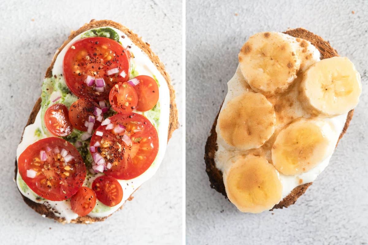collage of two pictures of cottage cheese toast with tomatoes and honey bananas.