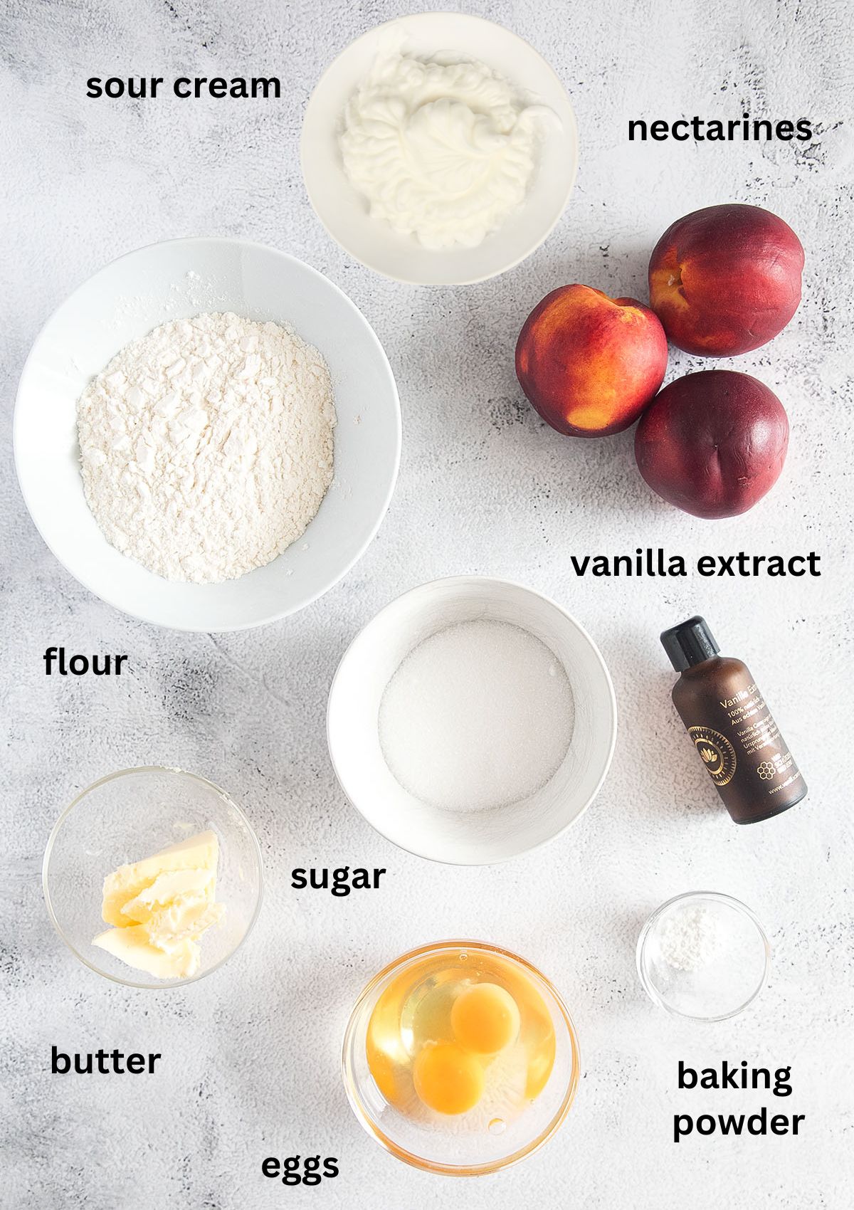 listed ingredients for making muffins with nectarines and streusel crumb topping.