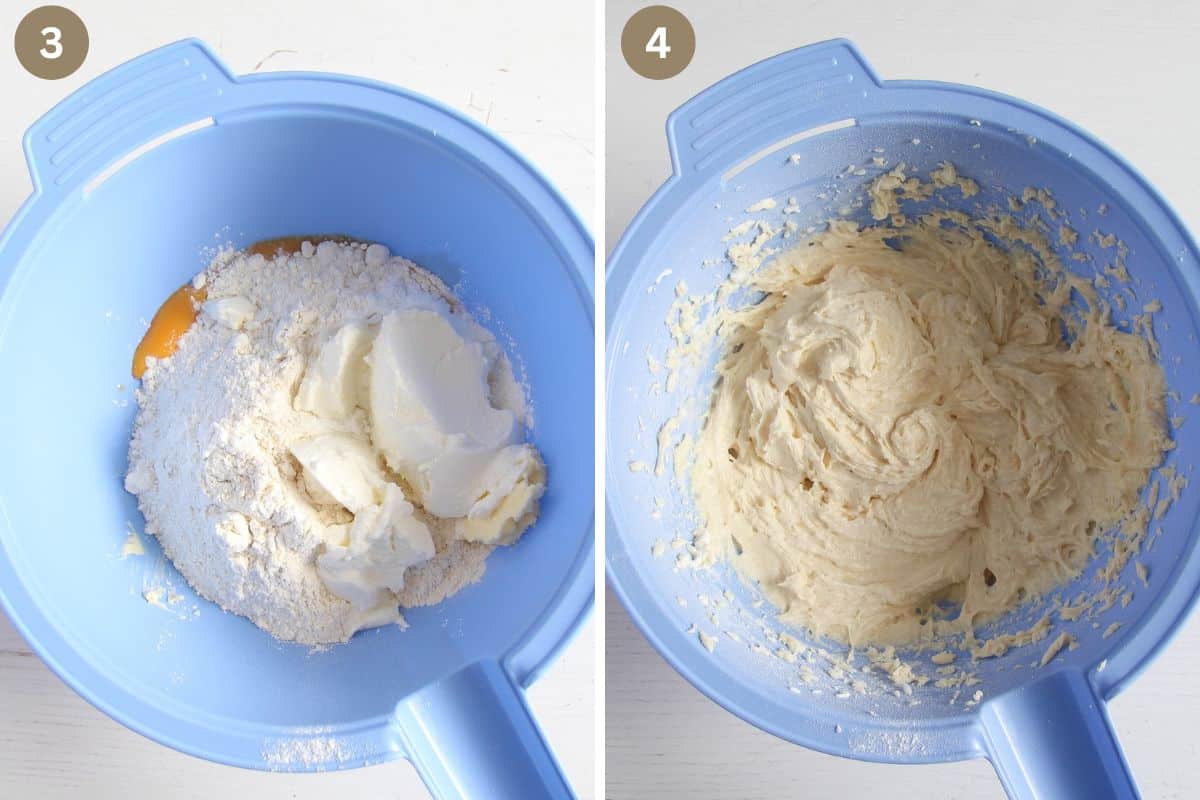 collage of two pictures of making batter for muffins with sour cream in a blue bowl.