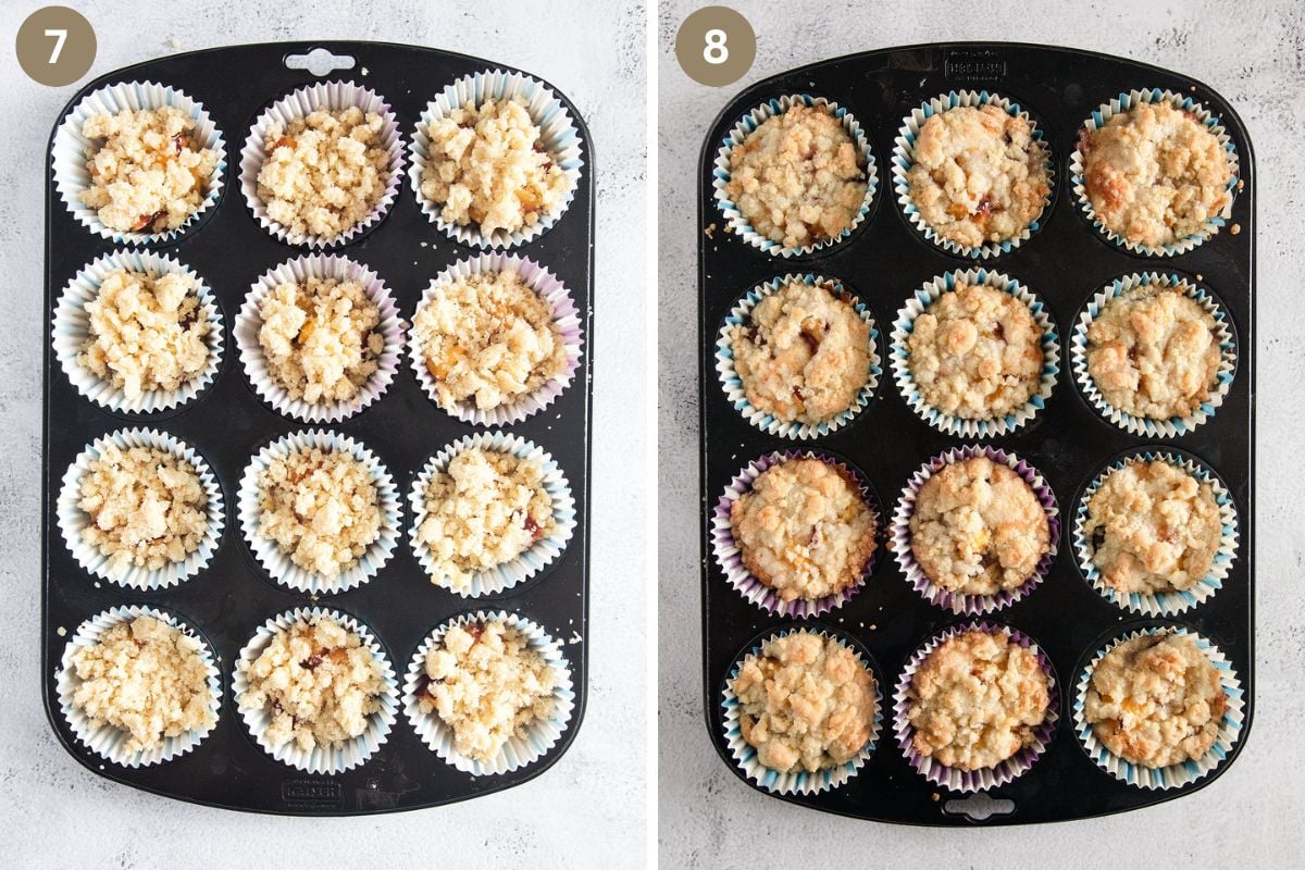 collage of two pictures of streusel muffins in a tin before and after baking.