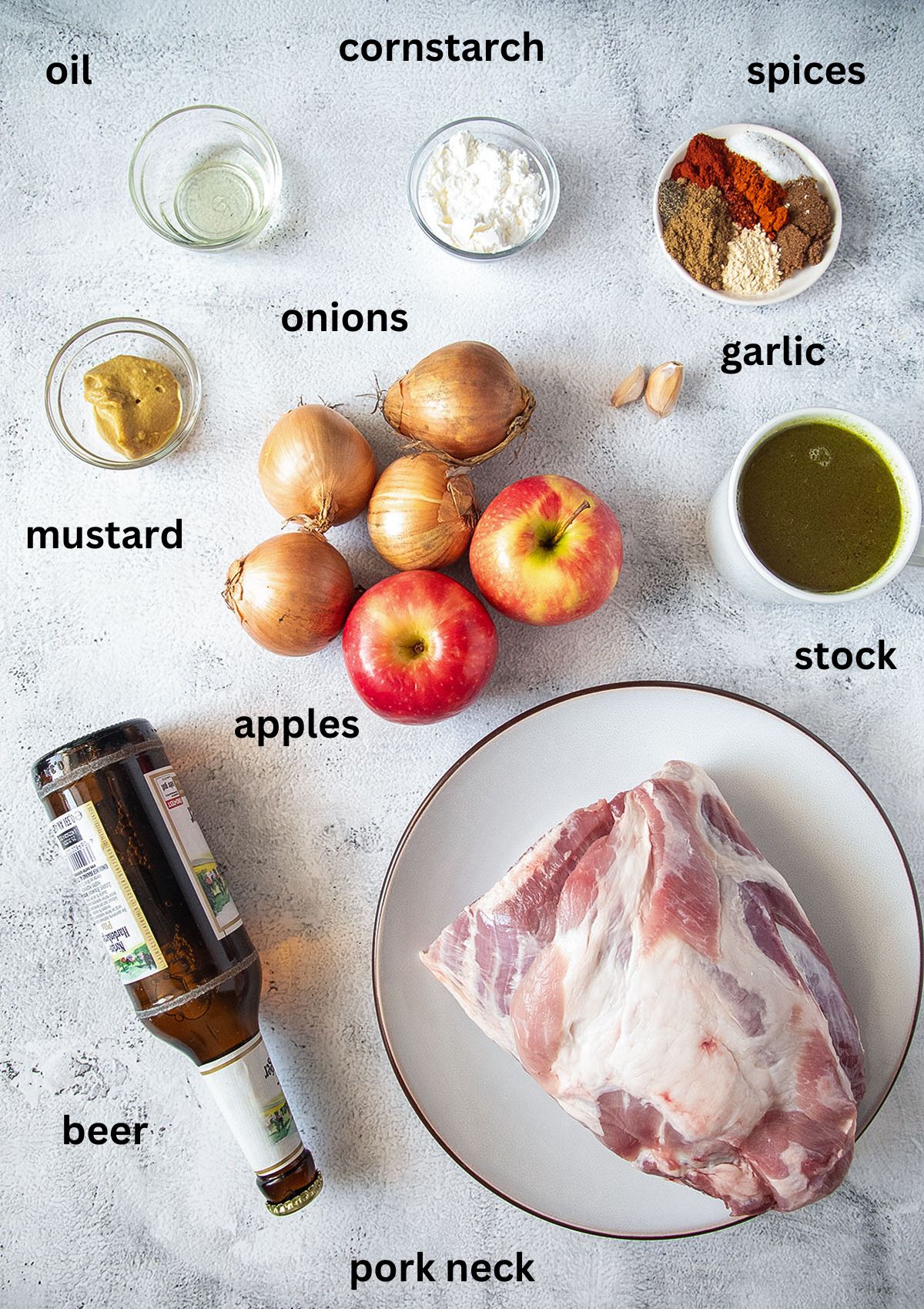 listed ingredients need for roasting pork neck with beer and apple gravy.