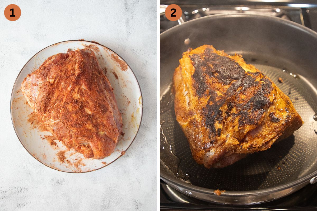 collage of two pictures of seasoning pork neck and then searing it in a pan.