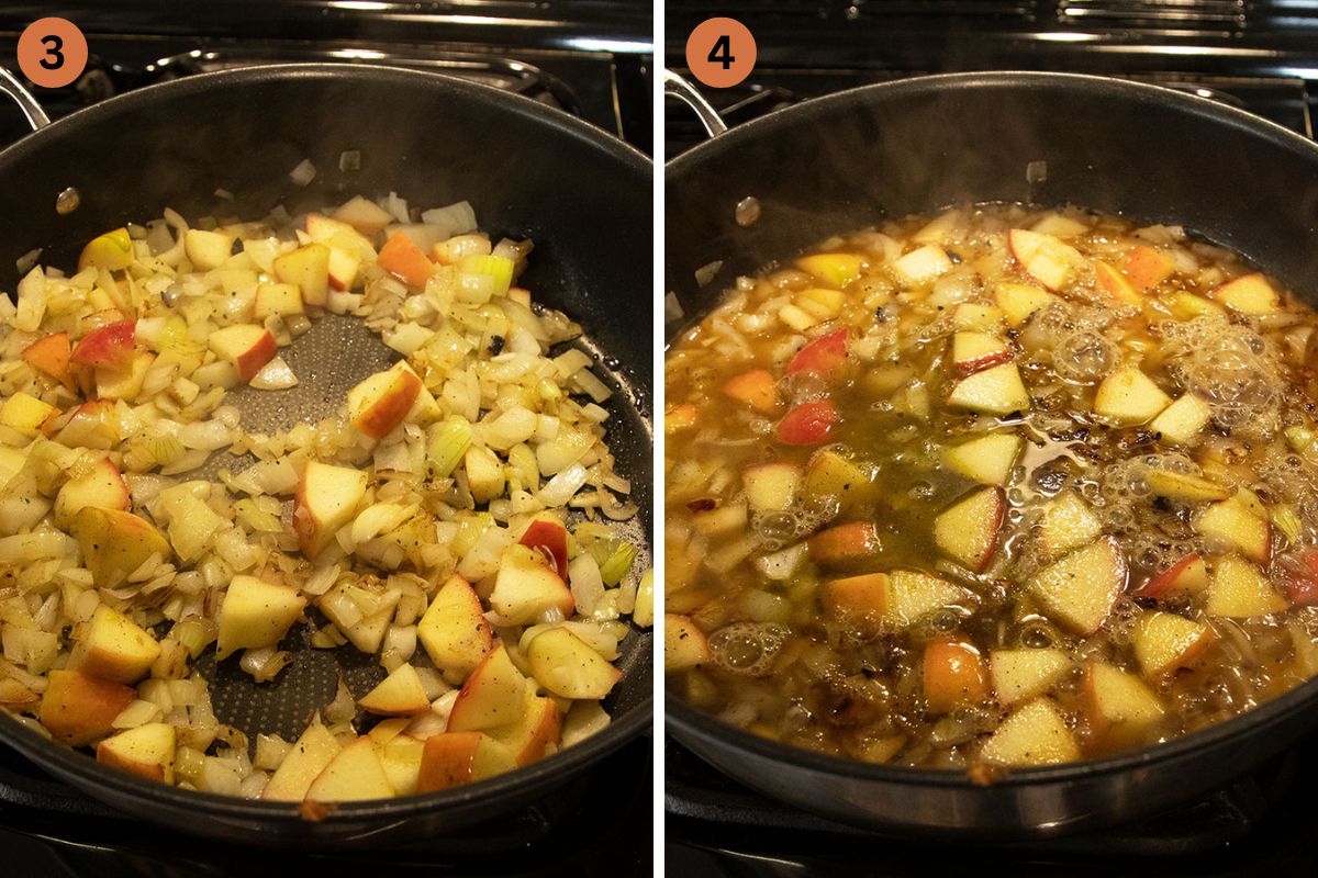 collage of two pictures of cooking onions and apple in a pan and then adding beer.