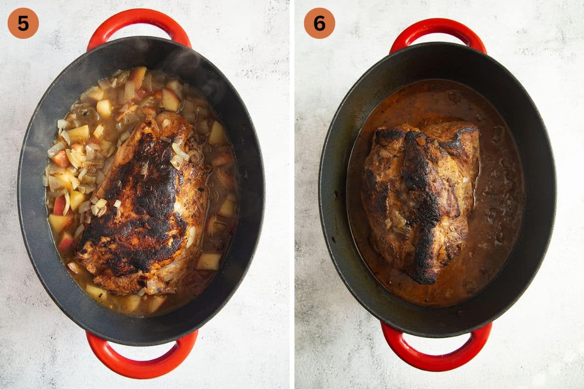 collage of two pictures of pork neck and sauce in a dutch oven before and after roasting.