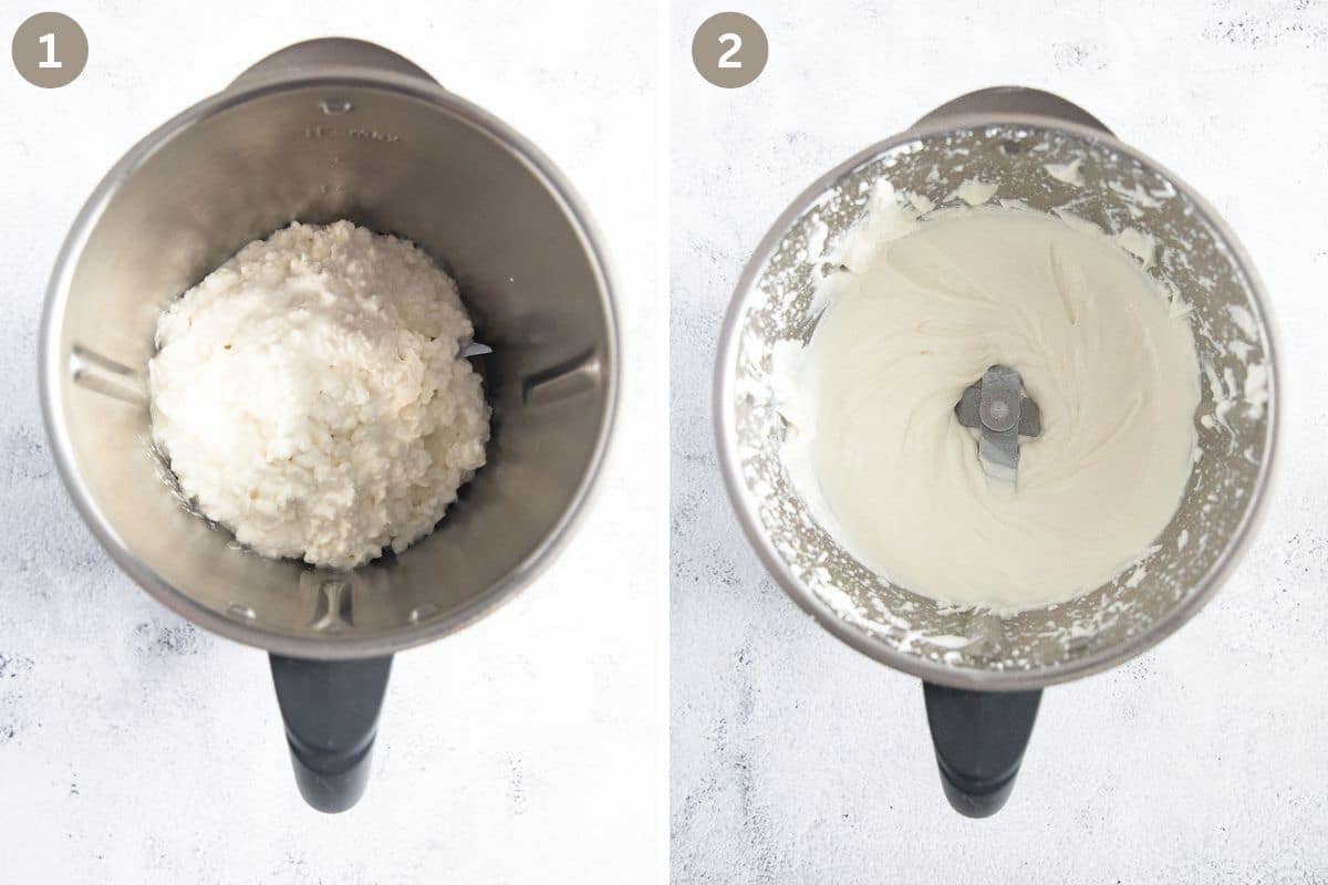 collage of two pictures of cottage cheese in a food processor before and after whipping.