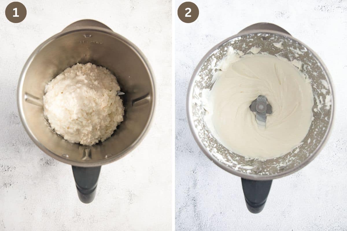 collage of two pictures of cottage cheese in a food processor before and after blending.